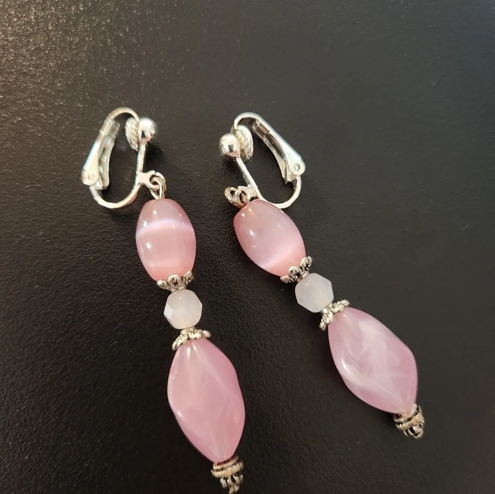 Hand Crafted Clip-on Earrings Pink Dangle Cat's Eye Quartz Beads